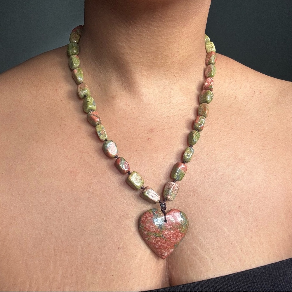 Gemstone Unakite Necklace with Heart Pendant